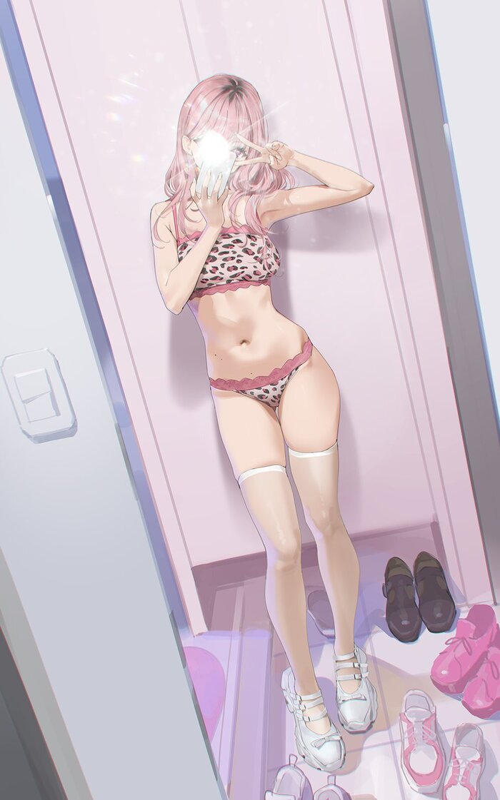 Selfie - NSFW, Art, Anime art, Original character, Girls, Erotic, Hand-drawn erotica, Underwear, Stockings, Boobs, Pantsu, Mirror, Reflection, Selfie, Ydh2101