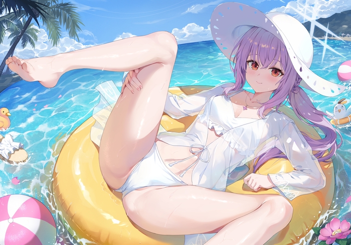 Hakari Atsuko - NSFW, Anime art, Anime, Blue archive, Hakari Atsuko, Hand-drawn erotica, Sea, Inflatable circle, Boobs, Labia