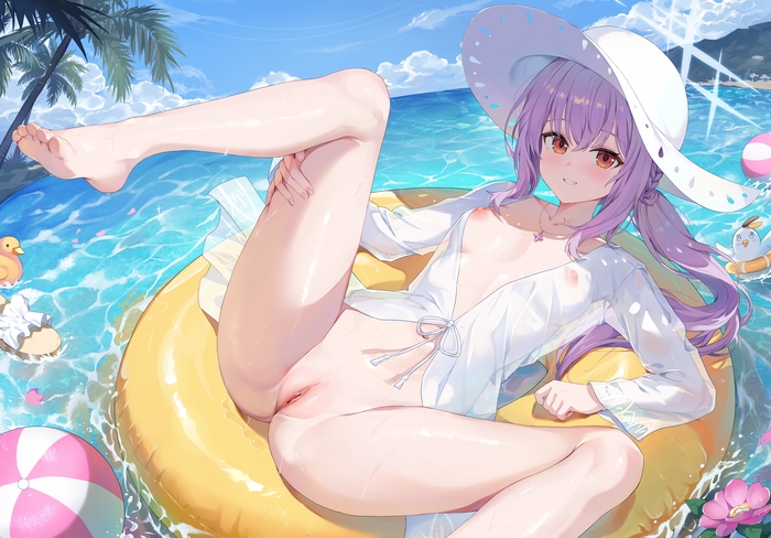 Hakari Atsuko - NSFW, Anime art, Anime, Blue archive, Hakari Atsuko, Hand-drawn erotica, Sea, Inflatable circle, Boobs, Labia