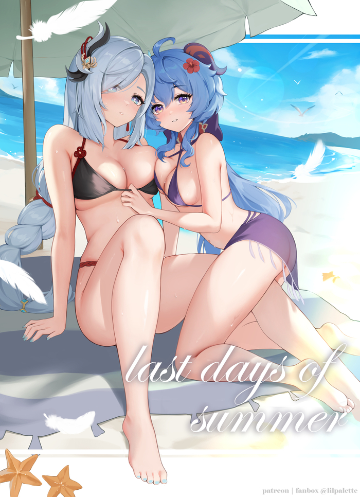 Summer - NSFW, Anime Art, Аниме, Genshin Impact, Shenhe (Genshin Impact), Ganyu (Genshin Impact), Купальник, Пляж, Лето, Море