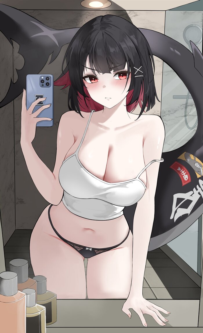 Ellen - NSFW, Anime art, Anime, Zenless Zone Zero, Ellen Joe (zzz), Tail, Pantsu, Boobs, Selfie, Mirror