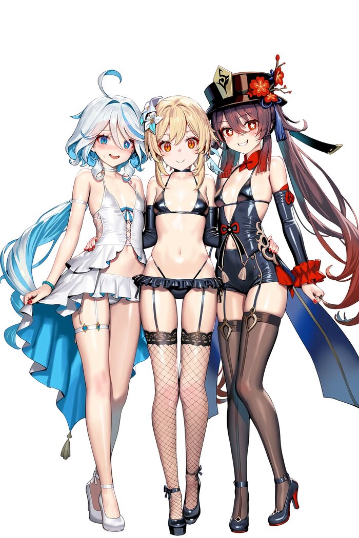 Trio - NSFW, Anime, Anime art, Furina (Genshin Impact), Lumine (Genshin Impact), Hu Tao (Genshin Impact), Genshin impact, Stockings, Girls, Pantsu, Neural network art