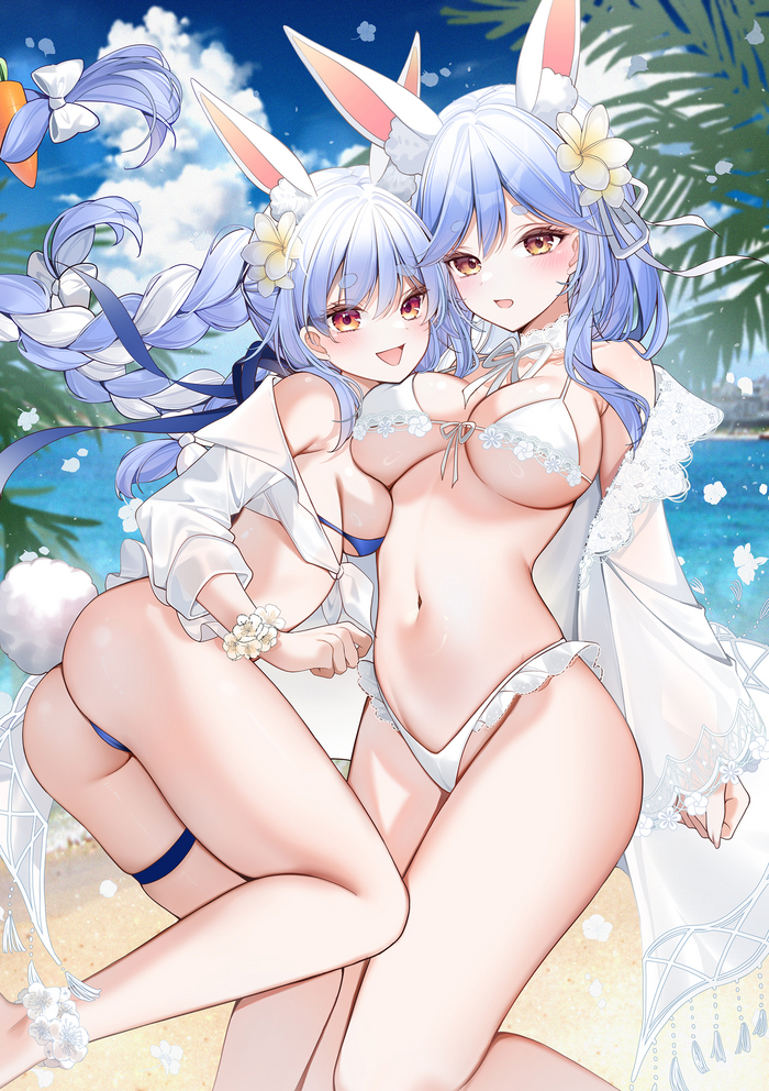 Pekomama and Pekodochi - NSFW, Anime art, Anime, Hololive, Virtual youtuber, Pekomama, Usada pekora, Animal ears