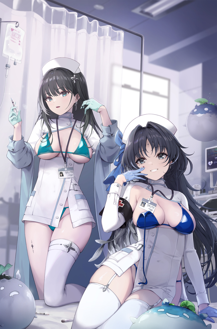 Little sisters - NSFW, Anime art, Anime, Wuthering Waves, Baizhi (Wuthering Waves), Yangyang (Wuthering Waves), Nurses, Boobs, Stockings