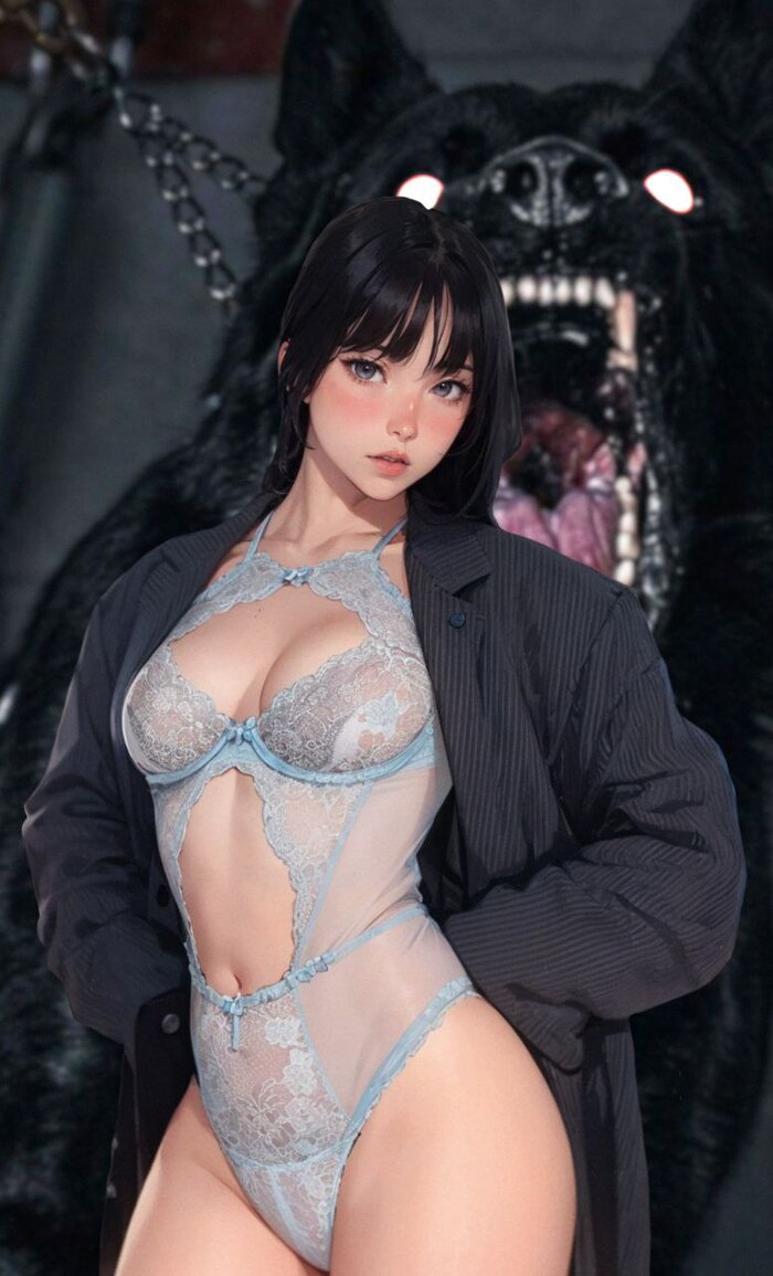 Jacket - NSFW, My, Anime art, Neural network art, Anime, Girls, Jacket, Underwear, Neckline, Boobs, Hips, Figure, Longpost