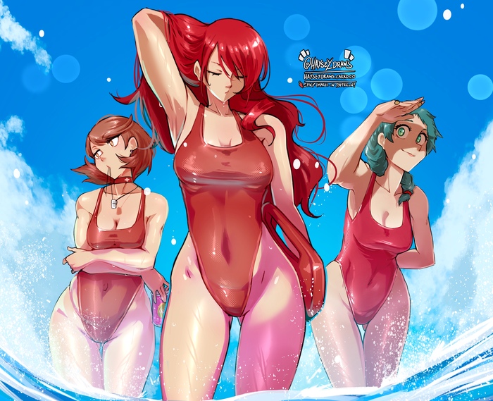 Beach episode - NSFW, Art, Anime, Anime art, Hand-drawn erotica, Erotic, Persona, Persona 3, Mitsuru Kirijo, Takeba Yukari, Yamagishi fuuka, Swimsuit