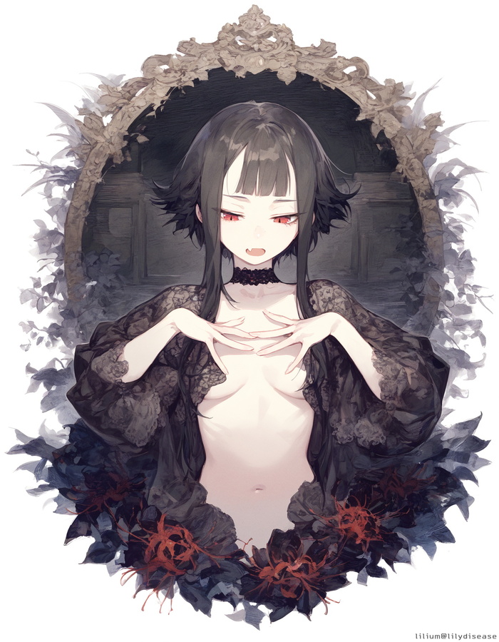 red-eyed - NSFW, Anime, Anime art, Hand-drawn erotica, Vampires, Gothic, Choker, Licorice, Neural network art, Original character