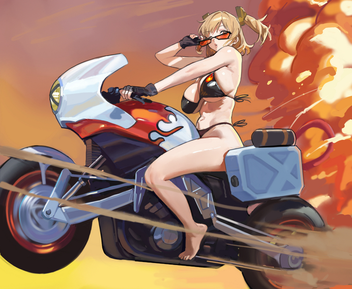 Biker Burnice White - NSFW, Art, Anime, Anime art, Hand-drawn erotica, Erotic, Zenless Zone Zero, Burnice White (zzz), Game art, Swimsuit