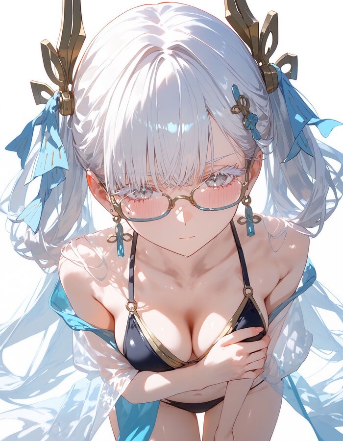 Jinhsi - NSFW, Anime, Anime art, Jinhsi (Wuthering Waves), Wuthering Waves, Bikini, Girl in glasses, Boobs, Neural network art