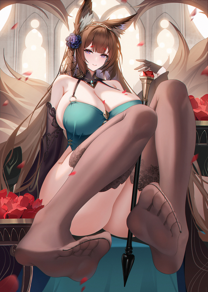 Здарова, люди высокой культуры - NSFW, Аниме, Anime Art, Azur Lane, Amagi, Animal Ears, Чулки, Футфетиш