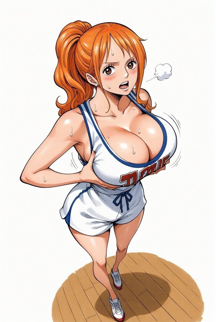 Ну и как тут не сделать 2 касания? - NSFW, Аниме, Anime Art, Nami, One Piece, Спортивная форма, Сиськи, Арты нейросетей, Рыжие