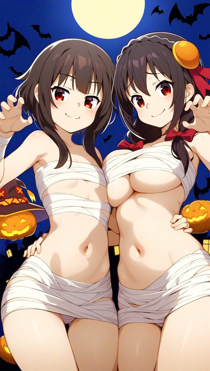 Fearfully? - NSFW, Anime art, Anime, Girls, Konosuba, Megumin, Yunyun, Hand-drawn erotica, Halloween, Neural network art