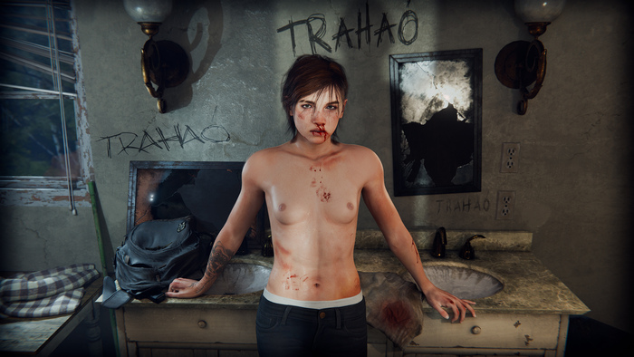 Beaten by life - NSFW, Art, 3D, Games, The last of us 2, Ellie, Girls, Girl with tattoo, Tattoo, Blood, Cigarettes, Boobs, Erotic