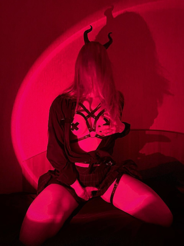 infernal - NSFW, My, Erotic, No face, Tail, Girl with Horns, Longpost, Homemade