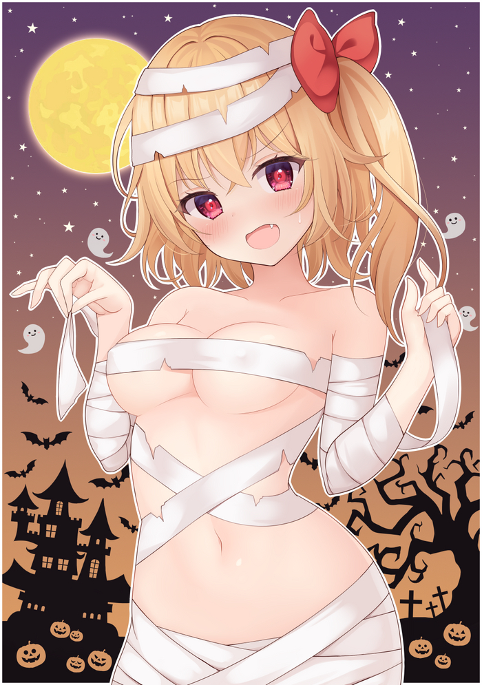 Mummy Flan - NSFW, Арт, Аниме, Anime Art, Touhou, Flandre Scarlet, Хэллоуин, Мумия, Сиськи, Эротика, Рисованная эротика, Suigetsu