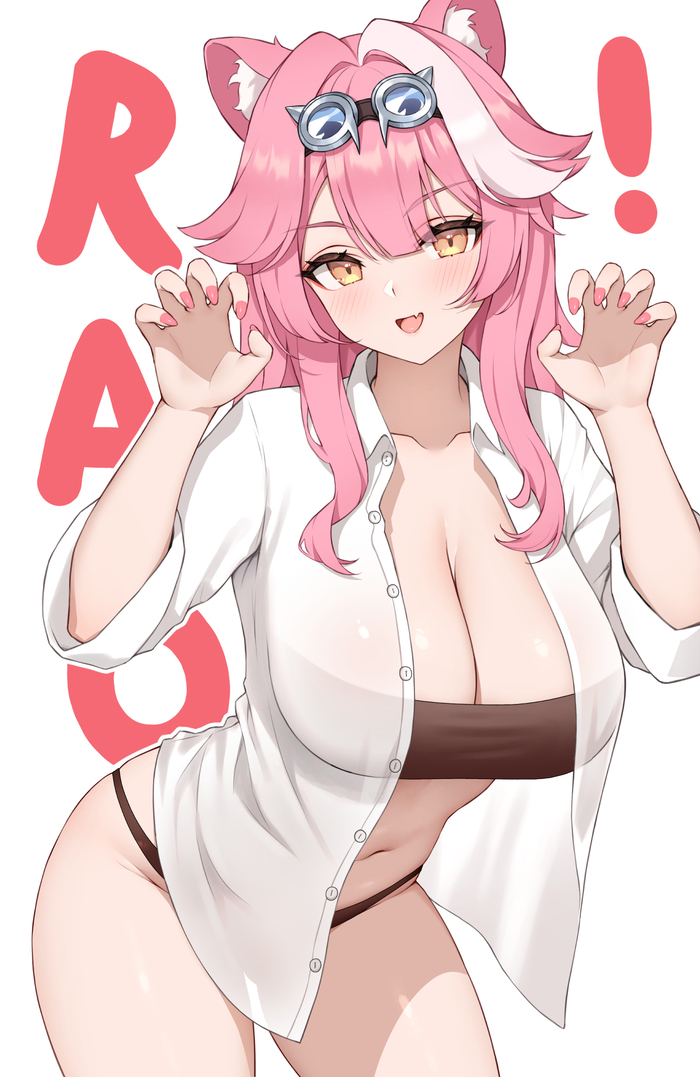 Rrr... - NSFW, Anime art, Anime, Hololive, Virtual youtuber, Raora Panthera, Animal ears, Hand-drawn erotica, Tail, Boobs, Secon, Longpost