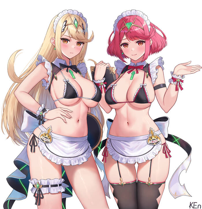 Nice maids - NSFW, Арт, Аниме, Anime Art, Xenoblade, Pyra, Mythra, Горничная, Чулки, Купальник, Эротика, Рисованная эротика