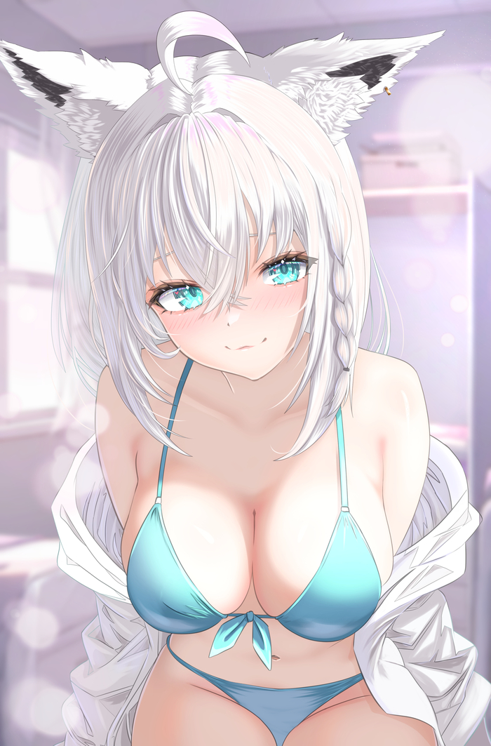 I can see in your eyes that you really liked him, he-he - NSFW, Anime art, Anime, Shirakami fubuki, Hololive, Virtual youtuber, Animal ears, Kitsune, Swimsuit