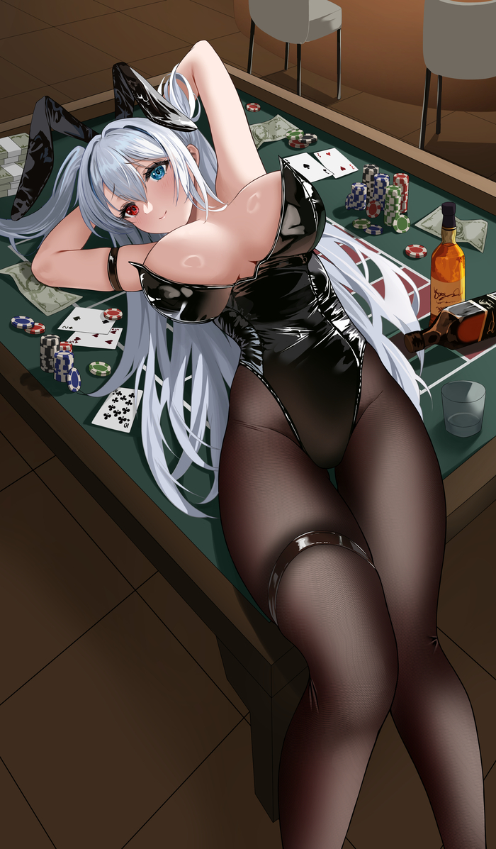 Let's play? - NSFW, Art, Anime, Anime art, Azur lane, Bunnysuit, Boobs, Heterochromia, Erotic, Hand-drawn erotica, Elbing