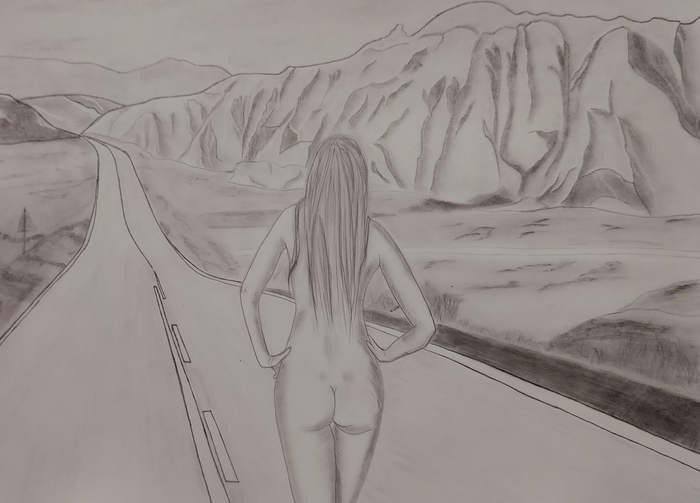 Into the distance - NSFW, My, Drawing, Pencil drawing, Graphics, Girls, Booty, Art, Erotic