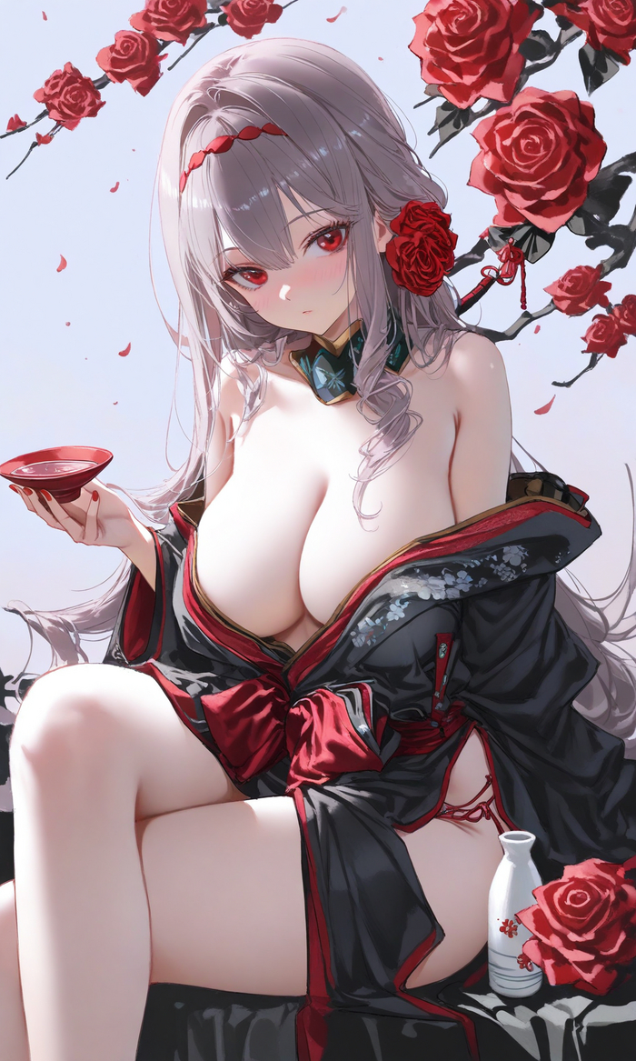 Scarlet - NSFW, Anime, Anime art, Scarlet (Nikke), Goddess of victory: nikke, Girls, Kimono, Sake, Hand-drawn erotica, Boobs, Neural network art, Games