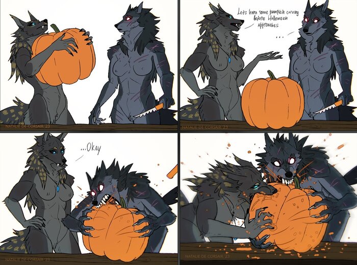 Werewolves vs pumpkin carving - NSFW, Furry, Anthro, Art, Furry edge, Furry wolf, Werewolves, Nataliedecorsair