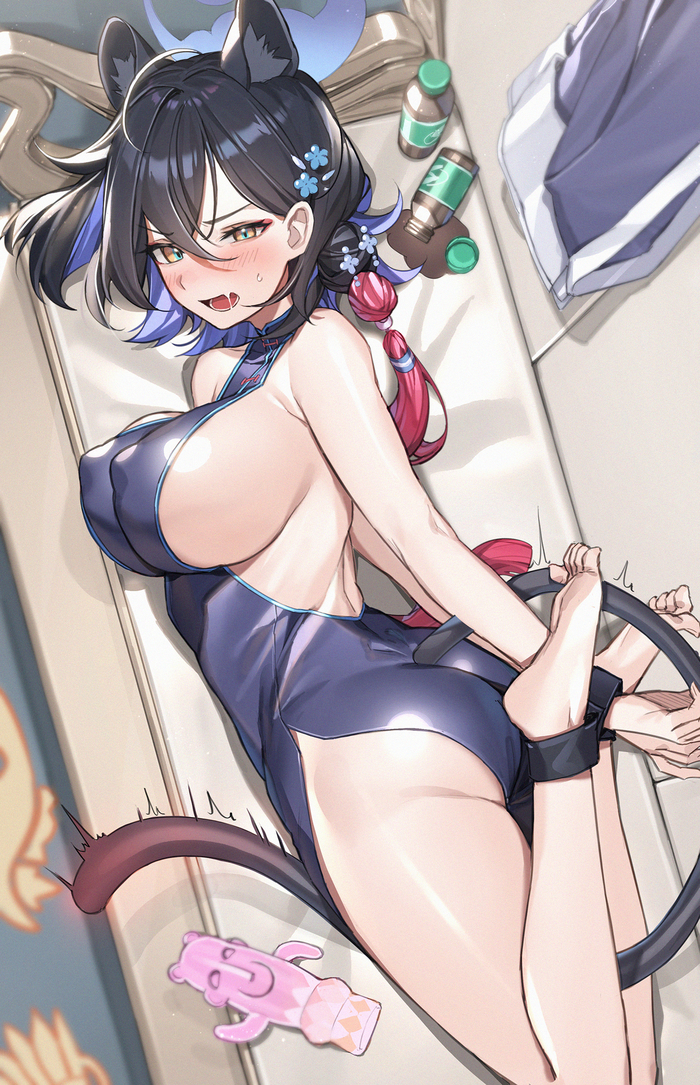 Urushibara Kaguya - NSFW, Anime art, Anime, Blue archive, Urushibara Kaguya, Animal ears, Qipao, Tail