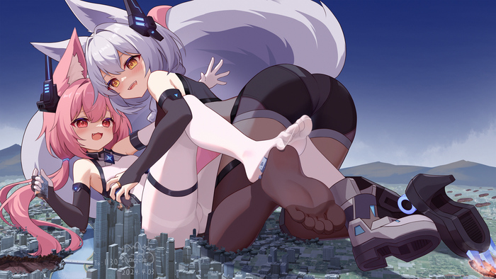 Две лисички - NSFW, Provence (Arknights), Arknights, Animal Ears, Giantess, Город, Anime Art, Колготки