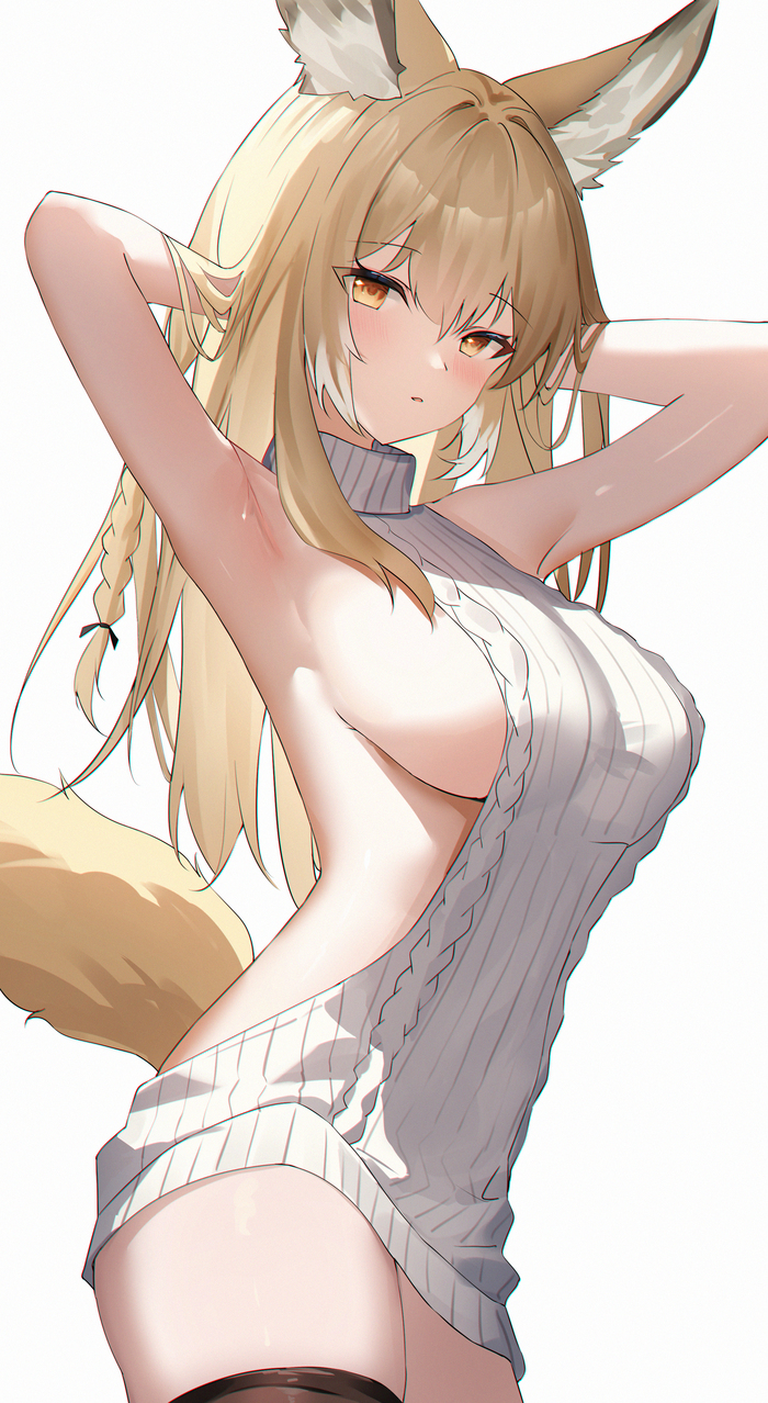 Ears... - NSFW, Anime art, Anime, Arknights, Vulpisfoglia (Arknights), Virgin killer sweater, Animal ears, Tail