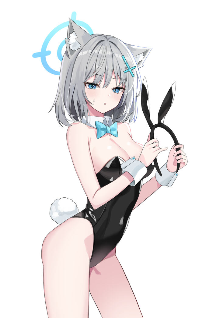 Sunaookami Shiroko #024 - NSFW, Anime, Anime art, Blue archive, Sunaookami shiroko, Girls, Animal ears, Barrette, Nimbus, The bow tie, Blue eyes, Bunnysuit, White background, Milota, 18+