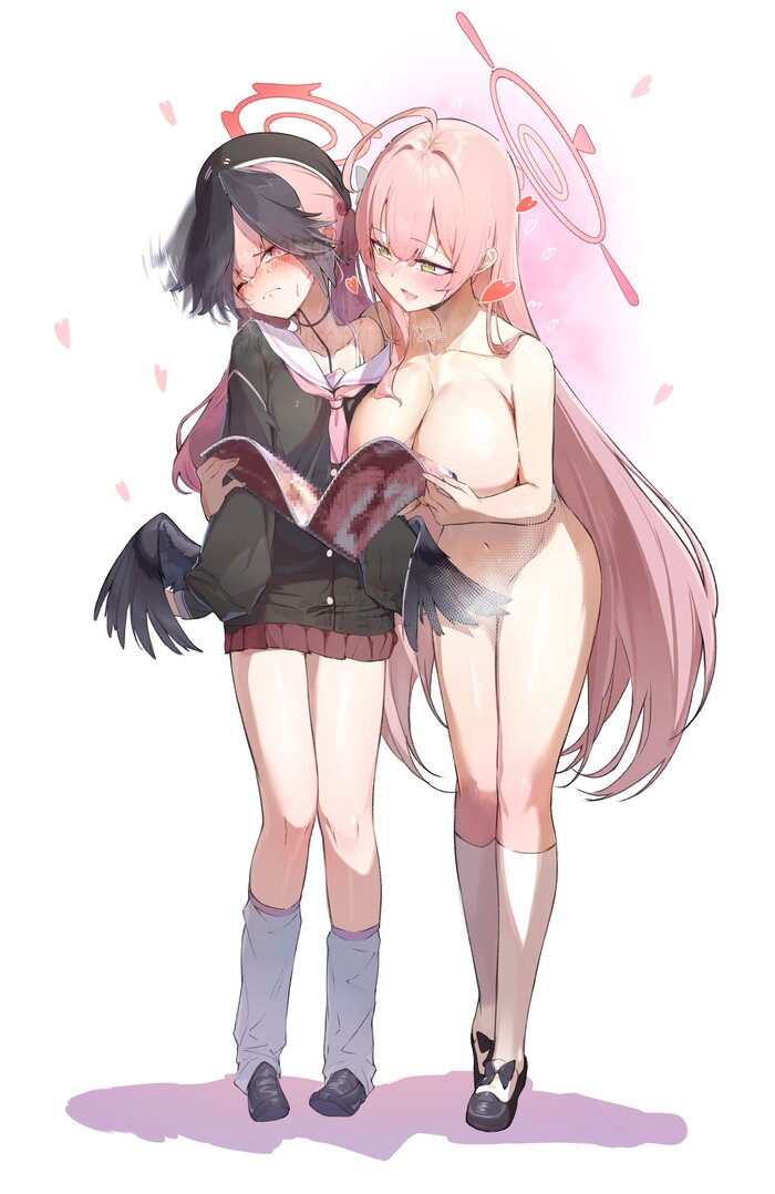 Hanako and Koharu - 18+, Anime, Anime art, Blue archive, Shimoe Koharu, Urawa Hanako, Girls, Long hair, Nimbus, Stockings, Skirt, Embarrassment, Wings, Boobs, Navel, Socks, Tie, NSFW