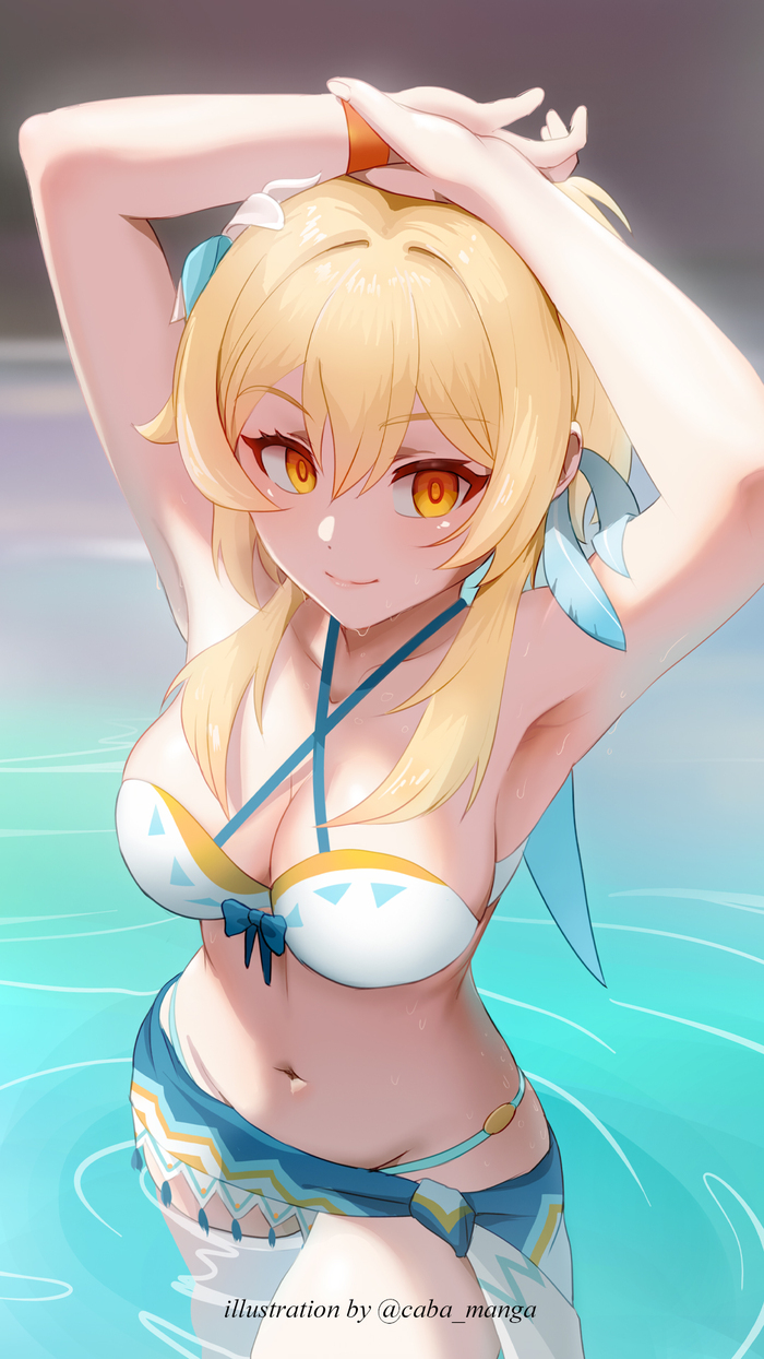 Lumine - 18+, Art, Boobs, Swimsuit, Hand-drawn erotica, Lumine (Genshin Impact), Genshin impact, Games, Game art, Anime art, NSFW