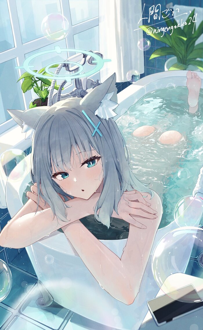 Oh, you want to take a bath too? - 18+, Anime art, Anime, Girls, Games, Blue archive, Sunaookami shiroko, Animal ears, Bath, Hand-drawn erotica, Bathing, NSFW