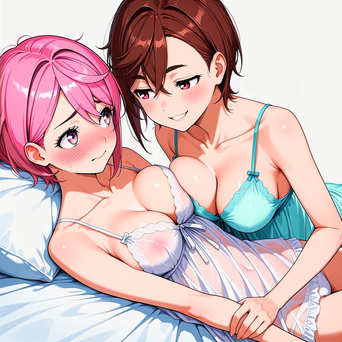 Girlfriends - 18+, Anime, Anime art, Shiratori Aira, Ayase Momo, Hand-drawn erotica, Peignoir, Pantsu, Boobs, Yuri, Neural network art, Dandadan, NSFW