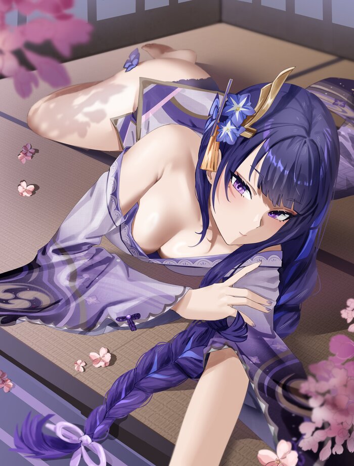 Sakura, sakura... - 18+, Boobs, Art, Booty, Hand-drawn erotica, Neckline, Sakura, Raiden Shogun (Genshin Impact), Genshin impact, Games, Game art, Anime art, NSFW