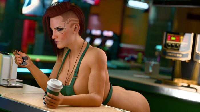 You are in a coffee shop - 18+, Art, 3D, Games, Cyberpunk 2077, Vee (Cyberpunk 2077), Girls, coffee house, Coffee, Apron, Booty, Erotic, NSFW