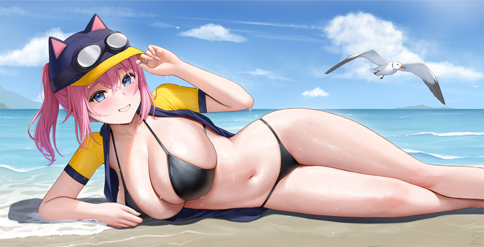 On the beach - 18+, Anime, Anime art, Girls, Beach, Seagulls, Bikini, Smile, Navel, Lies, Sky, Water, Boobs, Embarrassment, Cap, Swimsuit, Glasses, Clouds, Birds, NSFW