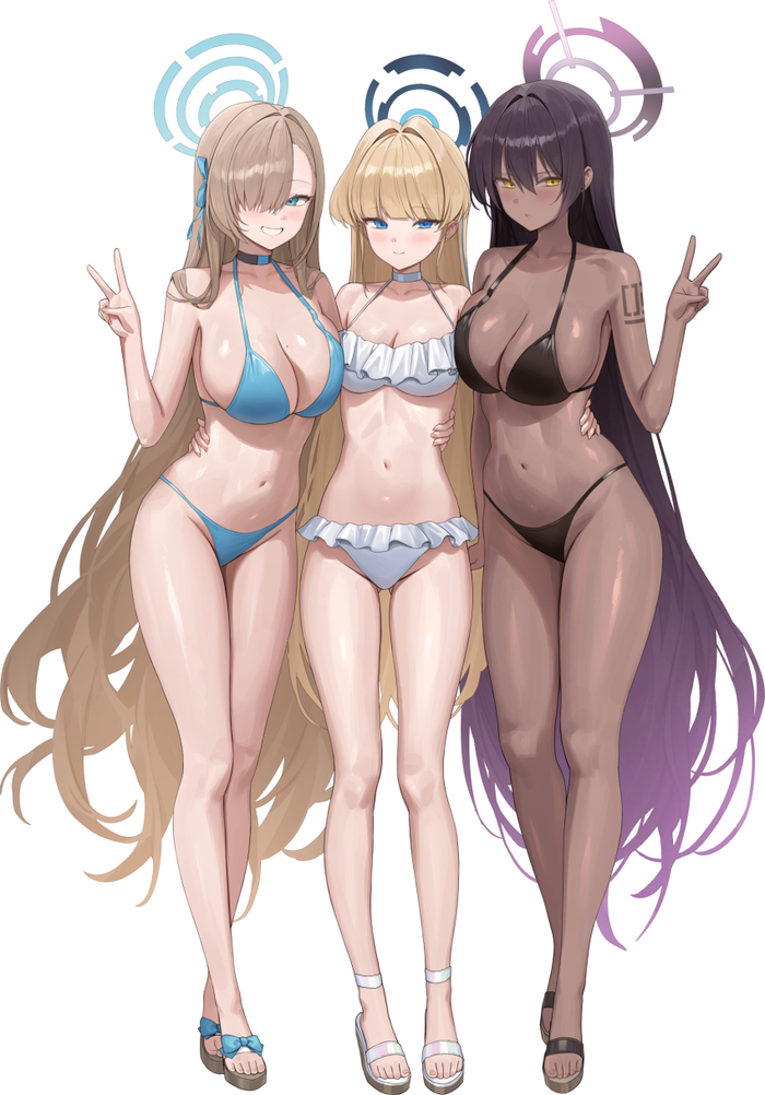 Trio - 18+, Anime, Anime art, Asuma Toki, Ichinose asuna, Kakudate karin, Blue archive, Bikini, Girls, NSFW