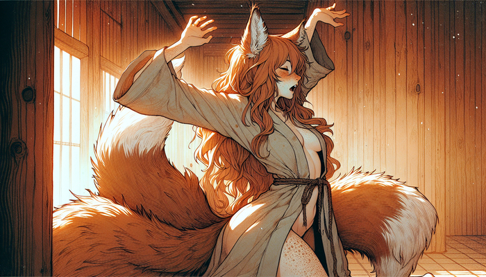 It's time to go to the bathhouse - 18+, My, Neural network art, Anime art, Anime, Animal ears, Kitsune, NSFW