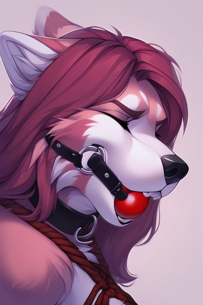 Furry art by Wolfmks #278 - 18+, My, Neural network art, Art, Furry, Furry art, Furry red panda, Gag, Shibari, Collar, Colorful hair, Ears, Furotica, Furotica female, NSFW