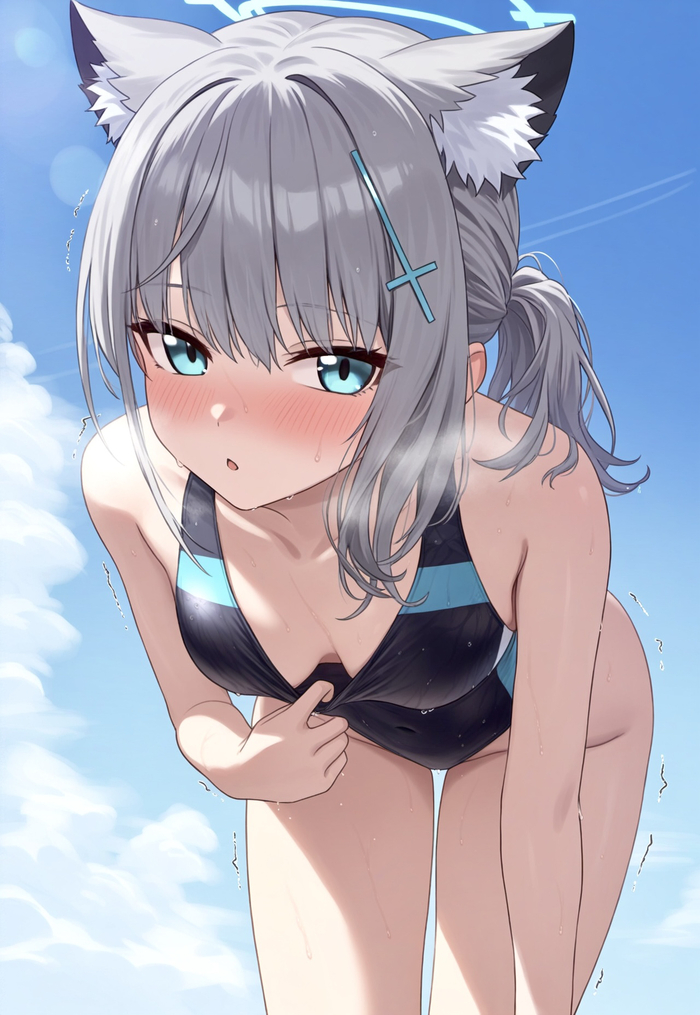 Here you go - 18+, Anime, Anime art, Girls, Games, Blue archive, Sunaookami shiroko, Swimsuit, Animal ears, Sea, Neural network art, NSFW