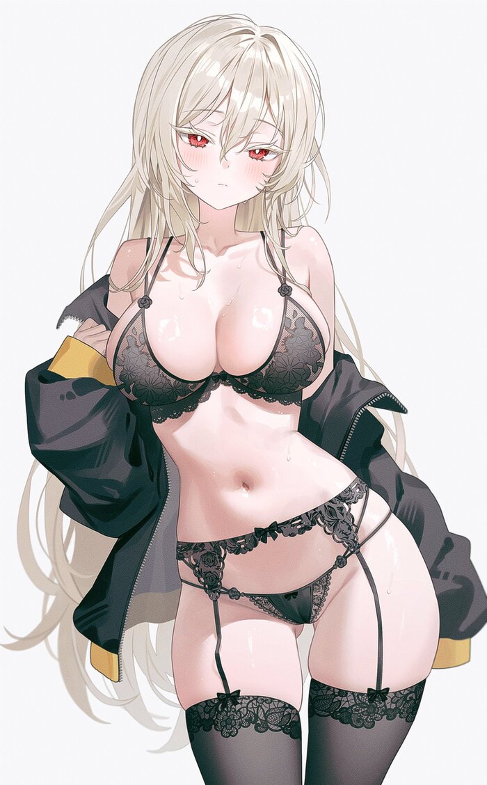 Original Character #007 - 18+, Anime, Anime art, Original character, Lethe Rin, Girls, Long hair, Underwear, Bra, Underpants, Embarrassment, Neckline, Sweat, Navel, Hips, Jacket, NSFW