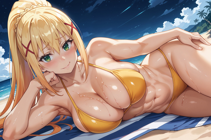 Darkness - 18+, My, Anime, Anime art, Art, Girls, Darkness, Konosuba, Swimsuit, Boobs, Neural network art, Strong girl, Muscleart, NSFW