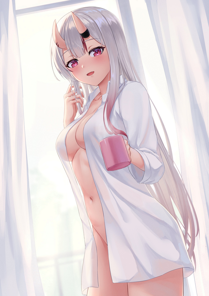 Кофейку? - 18+, Аниме, Anime Art, Hololive, Девушка с рогами, Nakiri ayame, Virtual YouTuber, NSFW