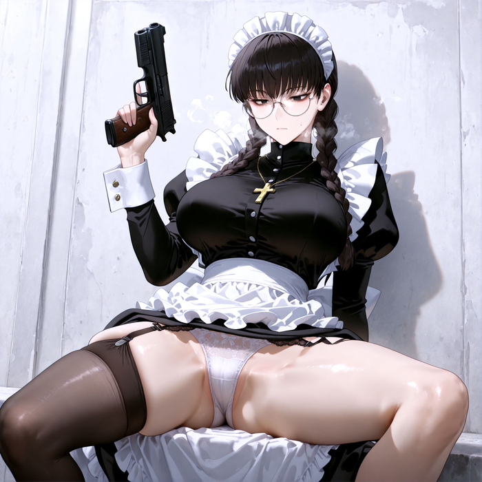 Опасная хорничная - 18+, Аниме, Anime Art, Roberta, Black Lagoon, Горничная, Панцу, Чулки, Девушка в очках, Оружие, Арты нейросетей, NSFW