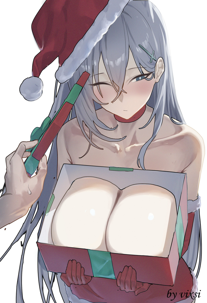 Christmas gift - 18+, Blue archive, Sunaookami Shiroko, Shiroko Terror, Арт, Девушки, Игры, Anime Art, Аниме, Сиськи, Рождество, NSFW