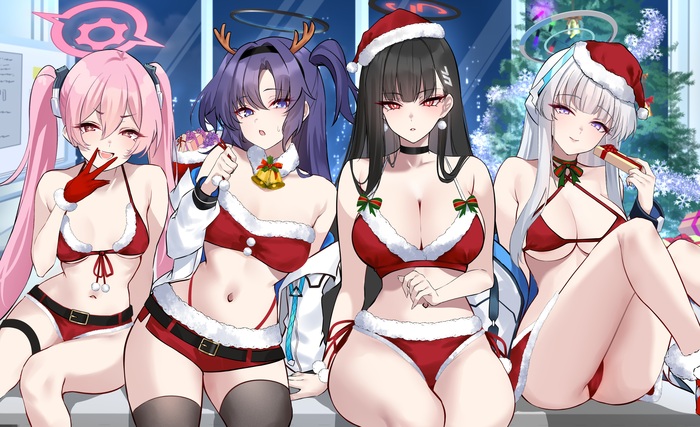 Christmas Archive - 18+, Art, Anime, Anime art, Blue archive, Tsukatsuki Rio, Ushio Noa, Hayase Yuuka, Kurosaki Koyuki, Christmas, Boobs, Choker, Swimsuit, Erotic, Hand-drawn erotica, NSFW