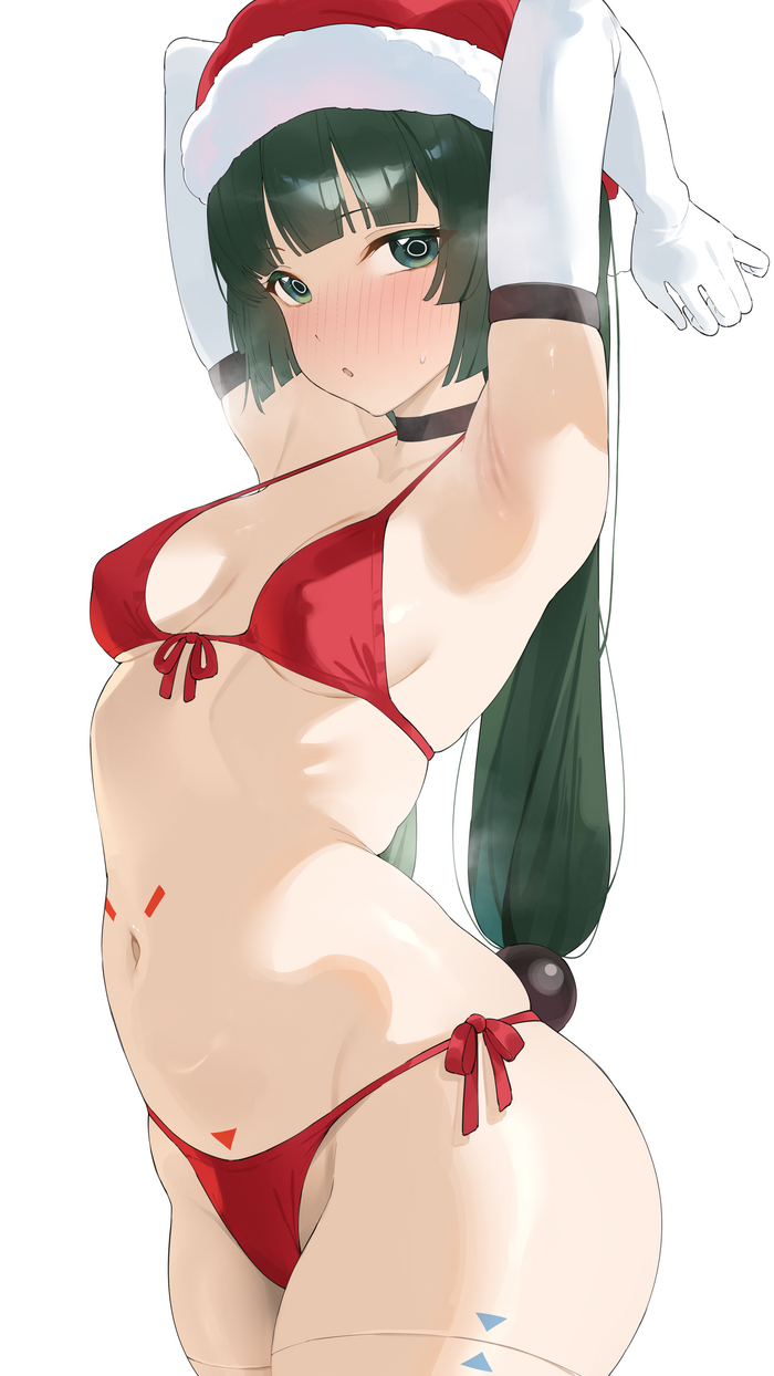 Congratulations from Qingyi - 18+, Art, Anime, Zenless Zone Zero, Anime art, Qingyi (zzz), Christmas, New Year, Stomach, Navel, Armpits, Hips, Embarrassment, Hand-drawn erotica, Erotic, Girls, Game art, Green hair, Green eyes, NSFW