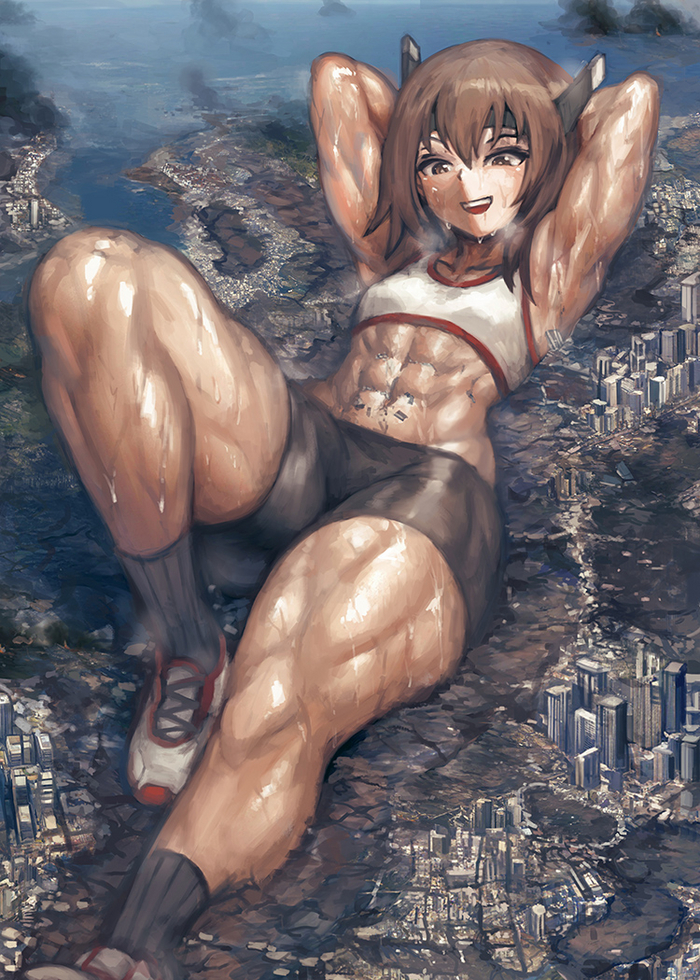 Taihou - 18+, Strong girl, Anime art, Destruction, Giantess, Kantai collection, Booty, Taihou, Press, Yilx, Muscleart, Longpost, Sweat, Mega-giantess, NSFW