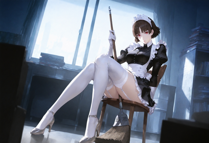 Student Council President-Maid - 18+, Art, Anime, Anime art, Hand-drawn erotica, Erotic, Neural network art, Persona, Persona 5, Niijima Makoto, Housemaid, Etty, Games, Game art, NSFW
